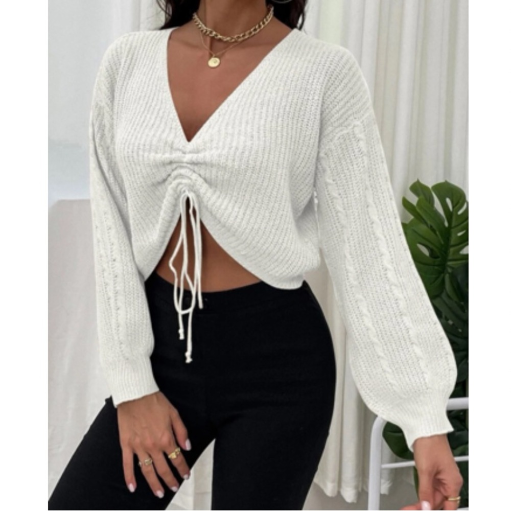 Boho White Drawstring Front Sweater - image 4